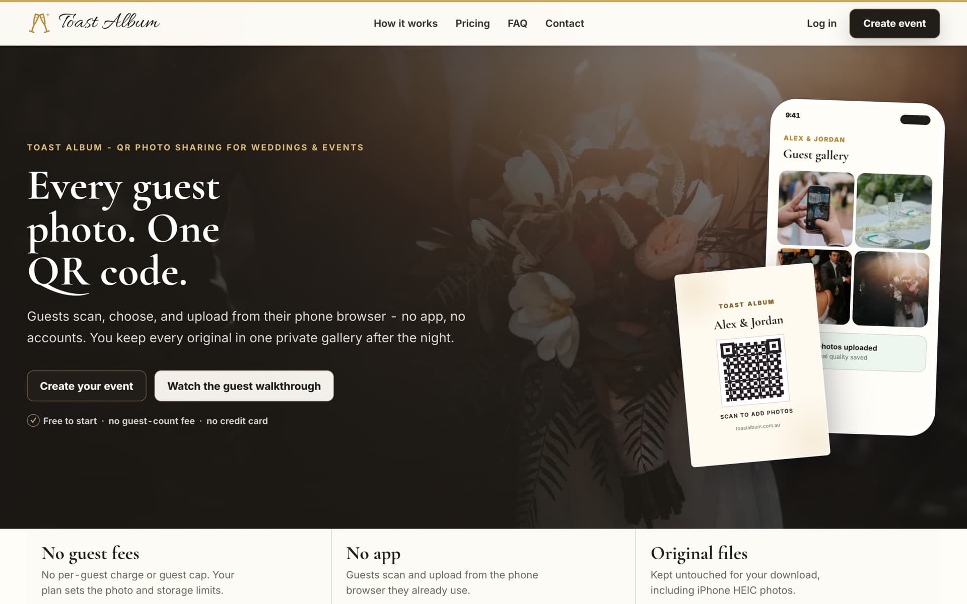 Toast Album homepage: 'Every guest photo. One QR code.' beside a phone showing a guest gallery and a printed QR card.