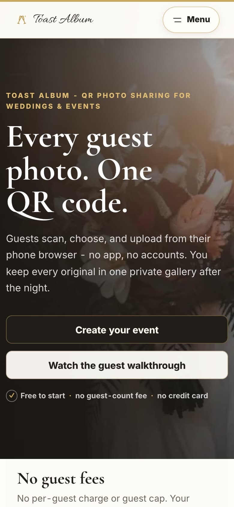Toast Album homepage on a phone, with buttons to create an event or watch the guest walkthrough.