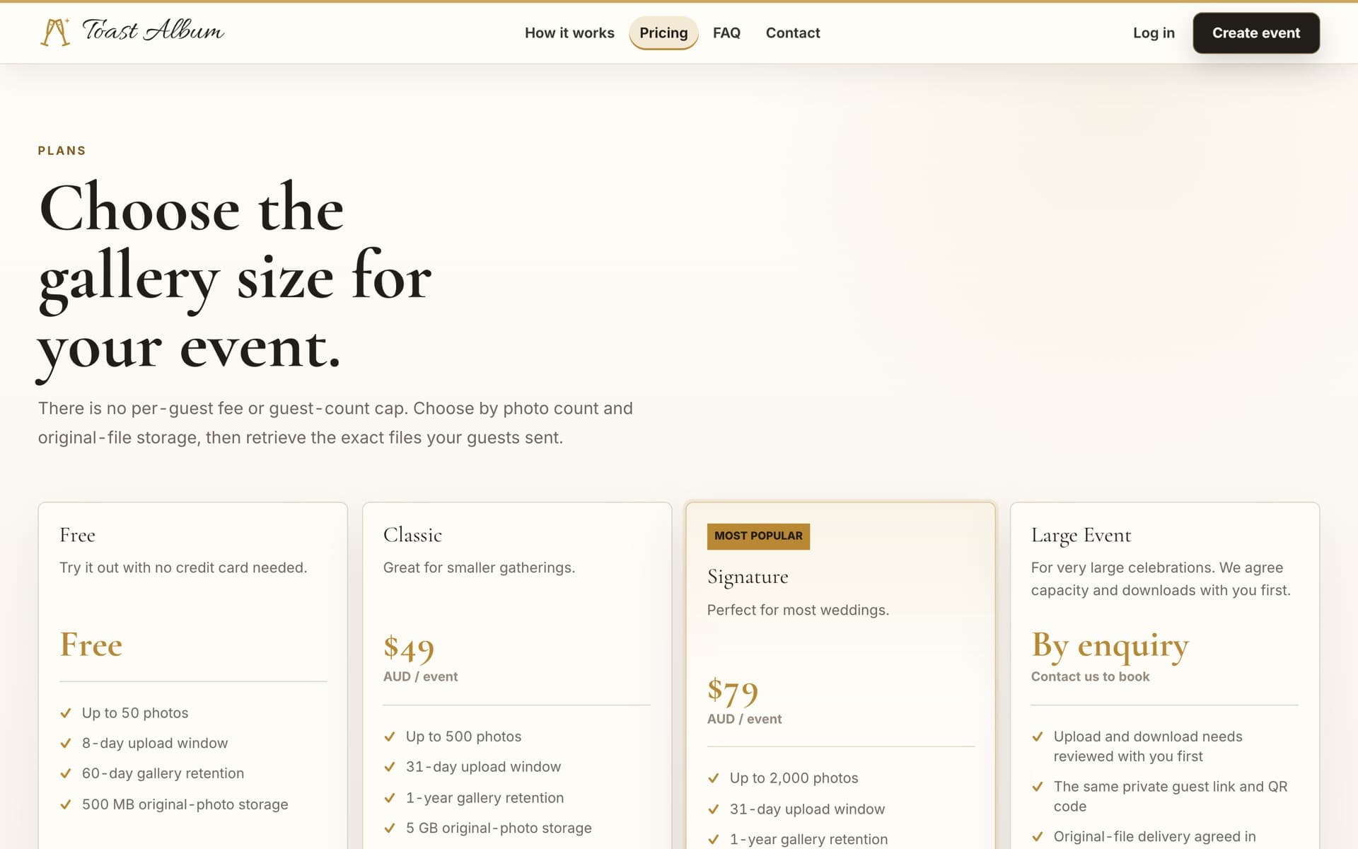 Pricing plans: Free, Classic $49, Signature $79 and Large Event by enquiry.