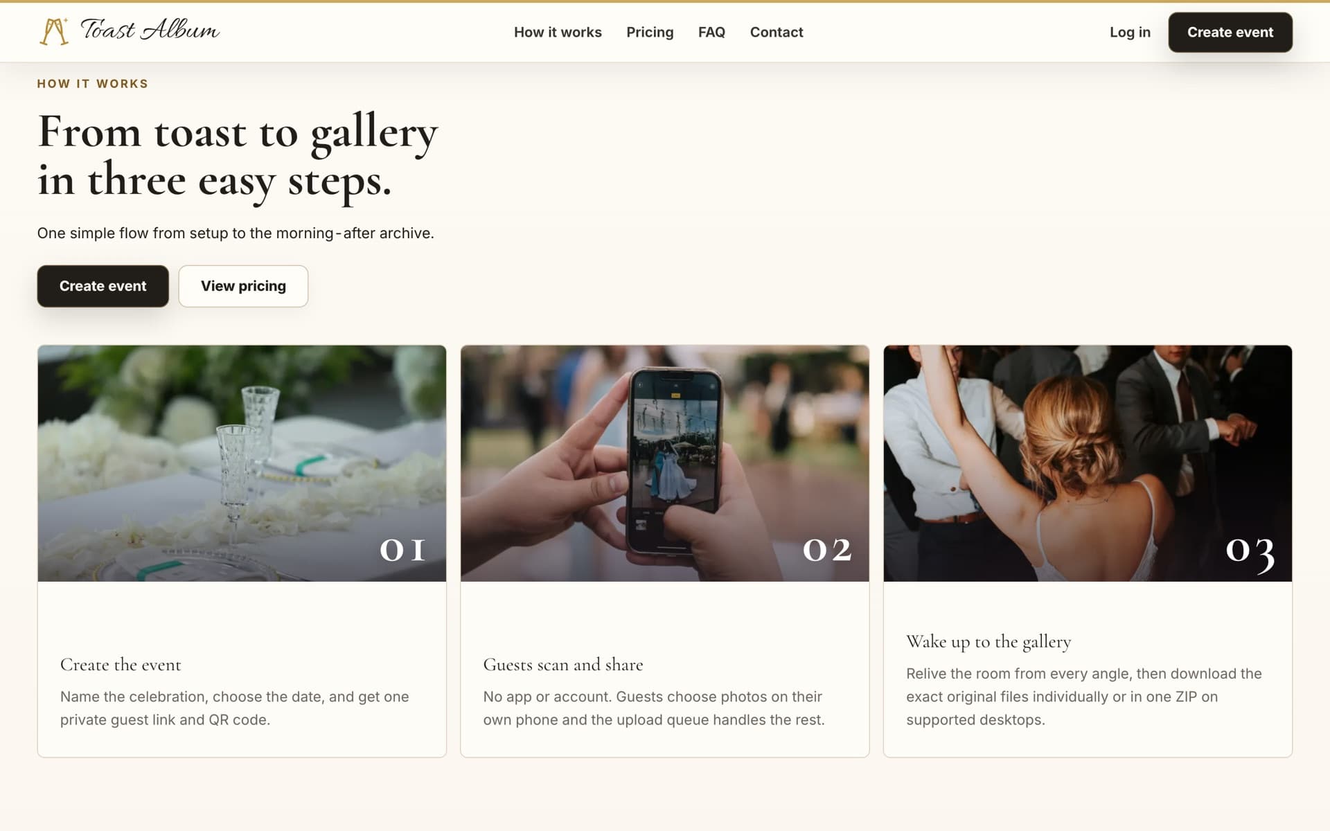 How it works: create the event, guests scan and share, wake up to the gallery.